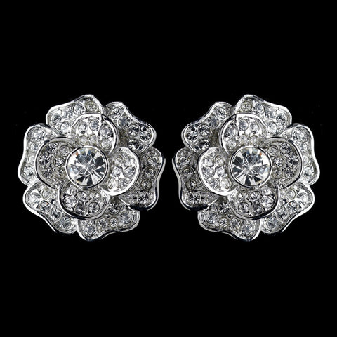 Rhodium Clear CZ Crystal Rose Bridal Wedding Hair Clip On Stud Bridal Wedding Earrings 82010