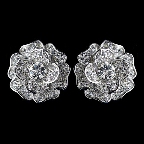 Rhodium Clear CZ Crystal Rose Bridal Wedding Hair Clip On Stud Bridal Wedding Earrings 82010