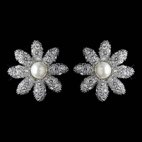 Rhodium Clear Pave Rhinestone & Diamond White Pearl Flower Stud Bridal Wedding Earrings 82013