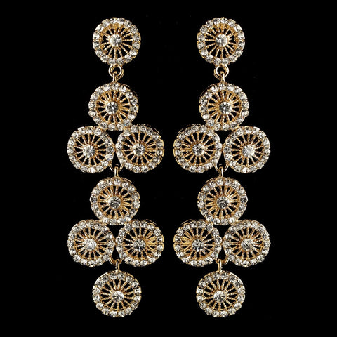 Gold Clear Rhinestone Retro Circle Wheel Dangle Bridal Wedding Earrings 82017