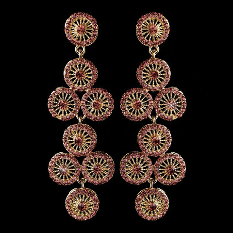 Gold Pink Rhinestone Retro Circle Wheel Dangle Bridal Wedding Earrings 82017