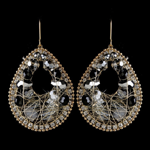 Gold Smoke & Black Beaded & Rhinestone Hand Made Fashion Chandelier Bridal Wedding Earrings 82038