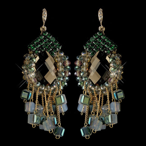 Gold Green Beaded & Rhinestone Hand Made Chandelier Bridal Wedding Earrings 82039