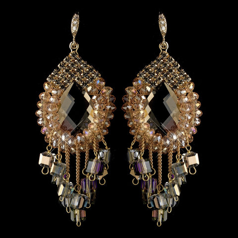 Gold Peach Beaded & Rhinestone Hand Made Chandelier Bridal Wedding Earrings 82039