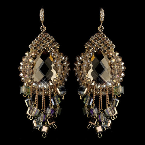 Gold Lt Brown Beaded & Rhinestone Hand Made Chandelier Bridal Wedding Earrings 82039