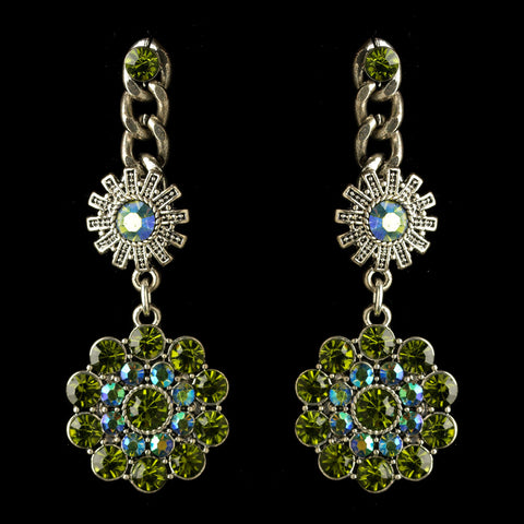 Rhodium Olive Green & AB Flower Rhinestone Dangle Bridal Wedding Earrings 82044