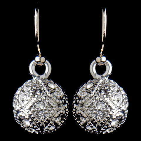 Antique Silver Rhodium Clear CZ Pave Vintage Ball Drop Bridal Wedding Earrings 8571