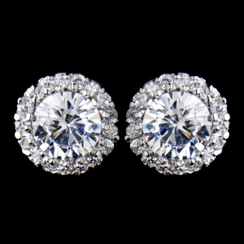 Antique Silver Pave CZ Solitaire Crystal Stud Bridal Wedding Earrings 8575