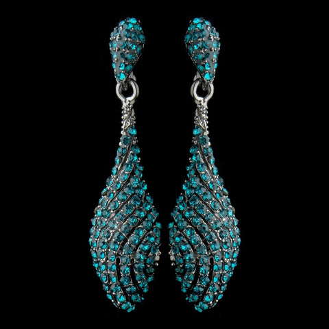 Antique Silver Teal Pave Rhinestone Dangle Bridal Wedding Earrings 8659