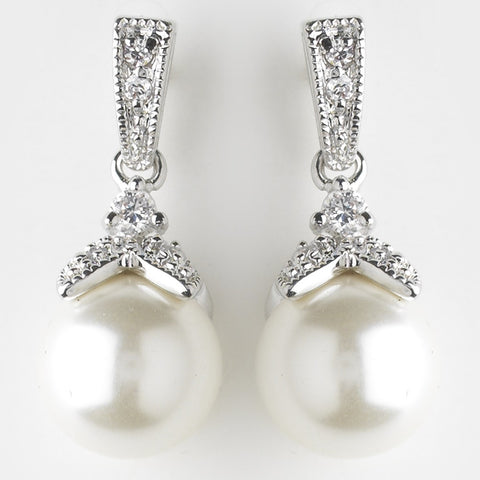Silver CZ Crystal & Diamond White Pearl Dangle Drop Bridal Wedding Earrings 8675