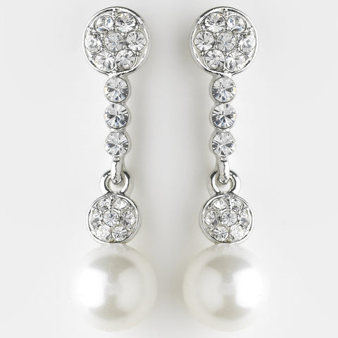 Antique Silver Clear Rhinestone and Diamond White Pearl Ball Bridal Wedding Earrings 8680