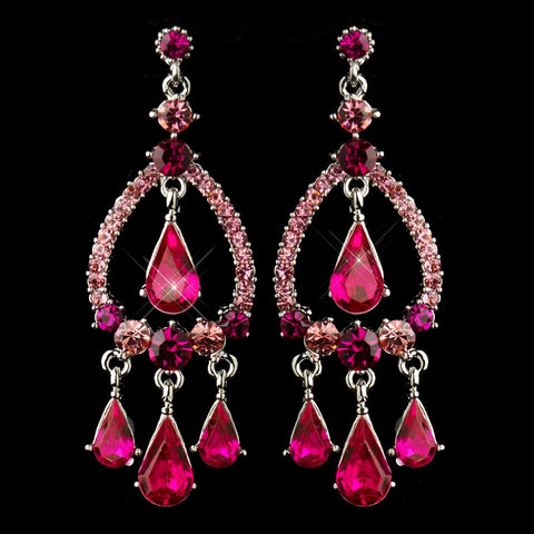 Silver Fuchsia Crystal & Rhinestone Chandelier Bridal Wedding Earrings 8686