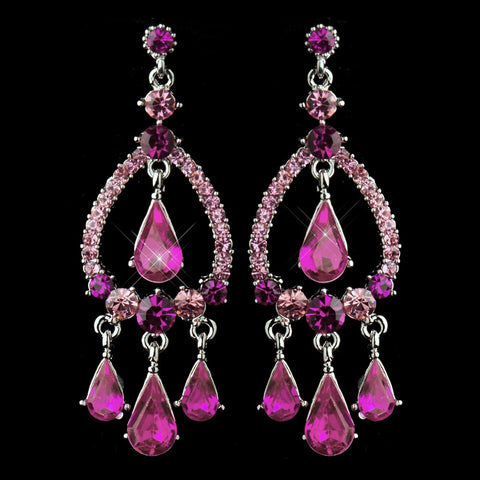 Silver Pink Crystal & Rhinestone Chandelier Bridal Wedding Earrings 8686