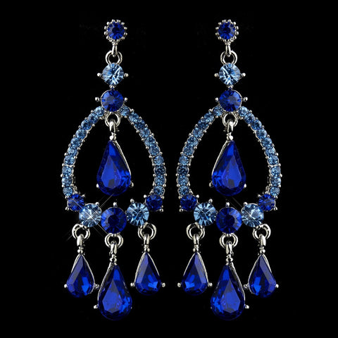 Silver Blue Sapphire Crystal & Rhinestone Chandelier Bridal Wedding Earrings 8686