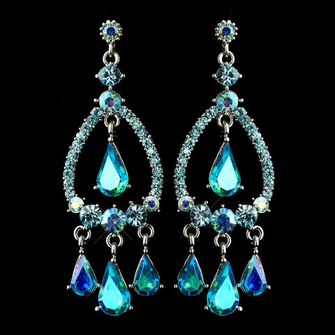 Silver Turquoise AB Crystal & Rhinestone Chandelier Bridal Wedding Earrings 8686