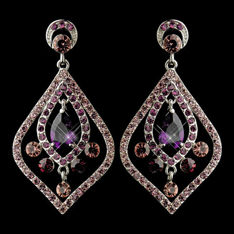Antique Silver Amethyst CZ Tear Drop Crystal & Rhinestone Chandelier Bridal Wedding Earrings 8687