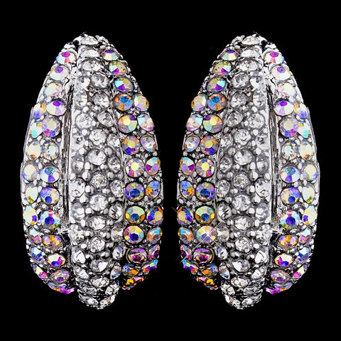 Glamorous Silver Clear & Aurora Borealis Rhinestone Half Hoop Bridal Wedding Earrings 8713