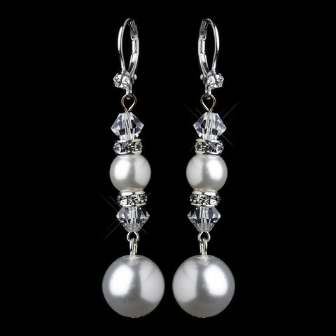 Silver White Pearl & Swarovski Crystal Bead Long Drop Bridal Wedding Earrings 8740