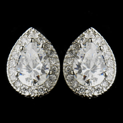 Antique Silver Clear CZ Bridal Wedding Earrings 8747 & Tear Drop Bridal Wedding Necklace 8623