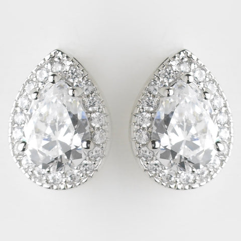 Antique Silver Clear CZ Crystal Post Tear Drop Bridal Wedding Earrings 8747