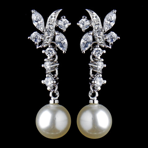 Silver Ivory Pearl and Clear CZ Stone Bridal Wedding Necklace 8765 & Bridal Wedding Earrings 8765