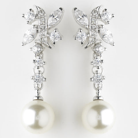 Elegant Floral CZ Flair Dangle Earring with Ivory Faux Pearl Accent in Silver 8765