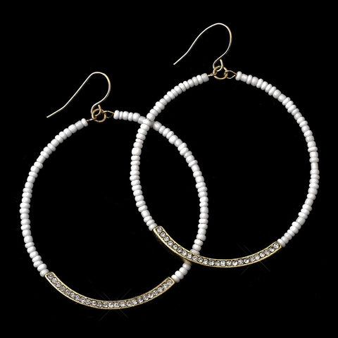 Gold White Bead & Clear Rhinestone Hoop Bridal Wedding Earrings 8817