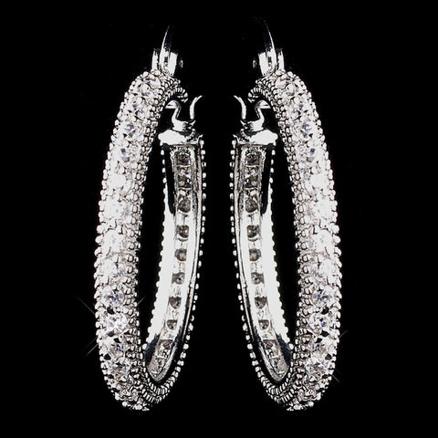 Antique Silver Clear CZ Crystal Hoop Bridal Wedding Earrings 8917