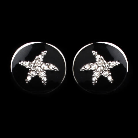 Silver Black Enamel CZ Starfish Bridal Wedding Earrings 8940
