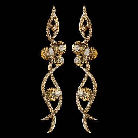 Gold Lt Brown Rhinestone Dangle Bridal Wedding Earrings 8942