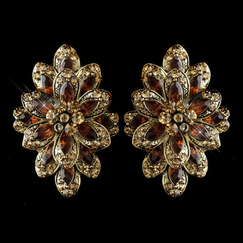 Gold Brown Rhinestone Bridal Wedding Hair Clip On Bridal Wedding Earrings 8944