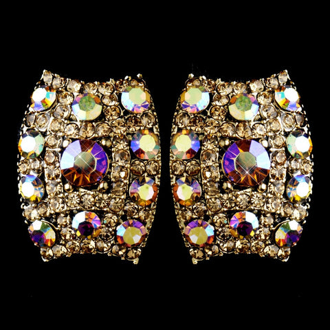 Gold with AB & Lt Brown Rhinestone Bridal Wedding Hair Clip On Bridal Wedding Earrings 8947