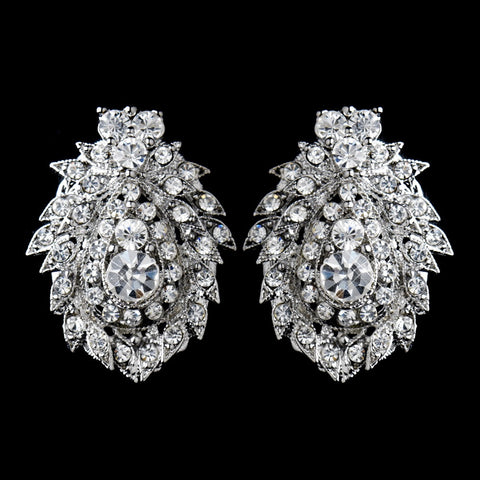 Antique Silver Clear Rhinestone Bridal Wedding Hair Clip On Bridal Wedding Earrings 8948