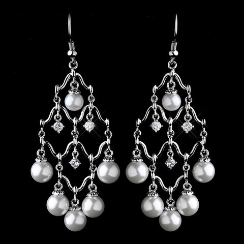 Antique Silver Diamond White Pearl & Clear CZ Crystal Chandelier Bridal Wedding Earrings 8979