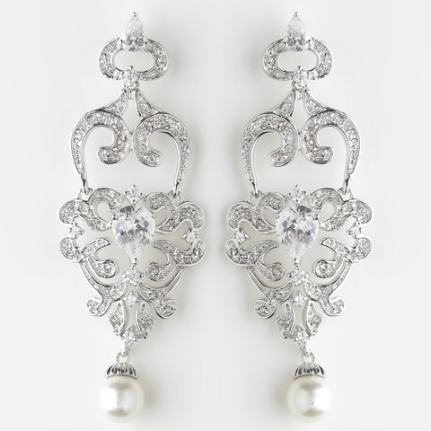 Antique Silver Diamond White Pearl & Clear CZ Crystal Chandelier Bridal Wedding Earrings 9003
