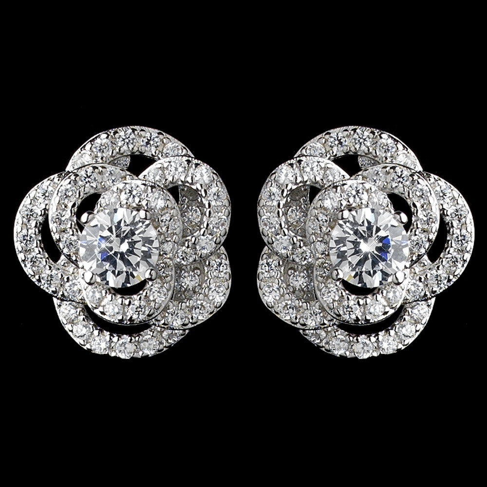 Rhodium Clear CZ Crystal Atomic Rose Stud Bridal Wedding Earrings 9206