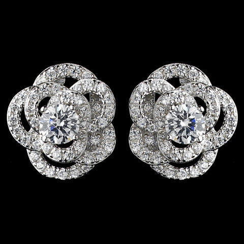 Rhodium Clear CZ Crystal Atomic Rose Stud Bridal Wedding Earrings 9206