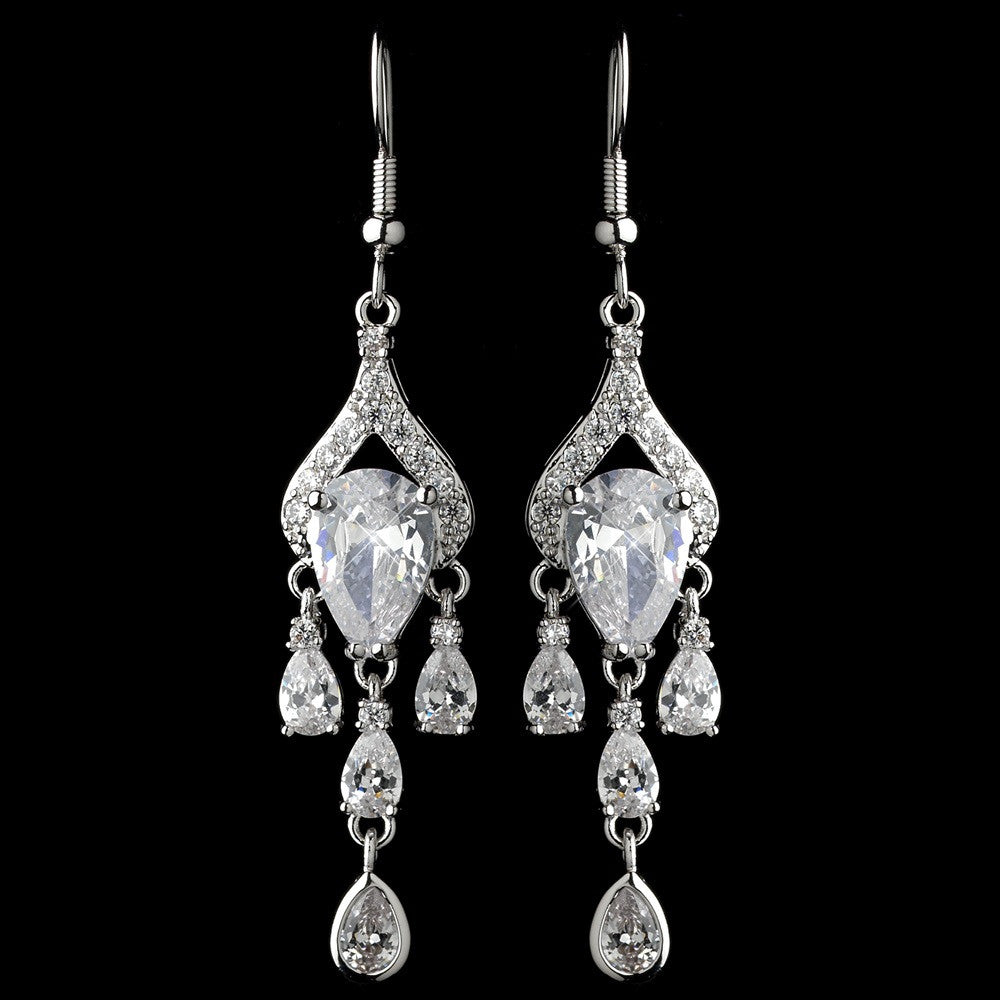 Rhodium Clear CZ Crystal Pear Chandelier Bridal Wedding Earrings 9212