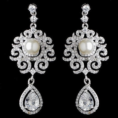 Rhodium Diamond White Pearl & Teardrop CZ Dangle Swirl Bridal Wedding Earrings 9217