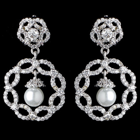 Rhodium Diamond White Pearl & CZ Drop Bridal Wedding Earrings 9218