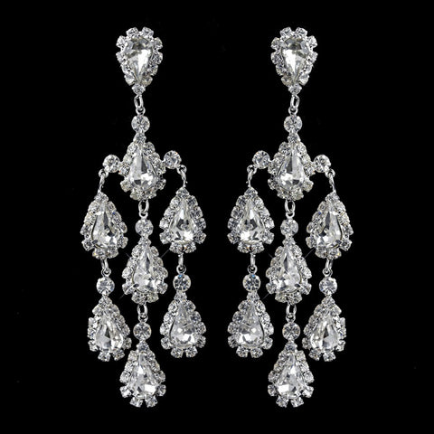 Silver Clear Rhinestone Teardrop Chandelier Bridal Wedding Earrings