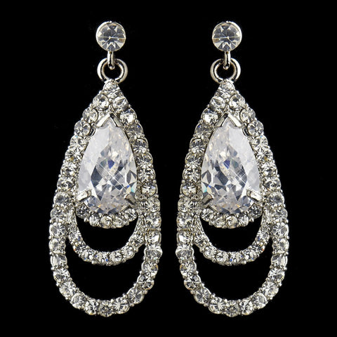Antique Silver Clear CZ Crystal & Rhinestone Drop Bridal Wedding Earrings 9247
