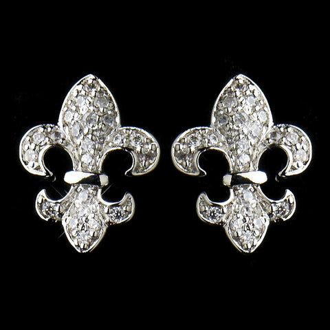 Silver Clear CZ Crystal Fleur De Lis Stud Bridal Wedding Earrings 9249