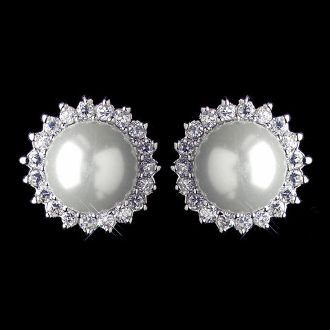 Rhodium White Pearl & CZ Crystal Stud Bridal Wedding Earrings 9396