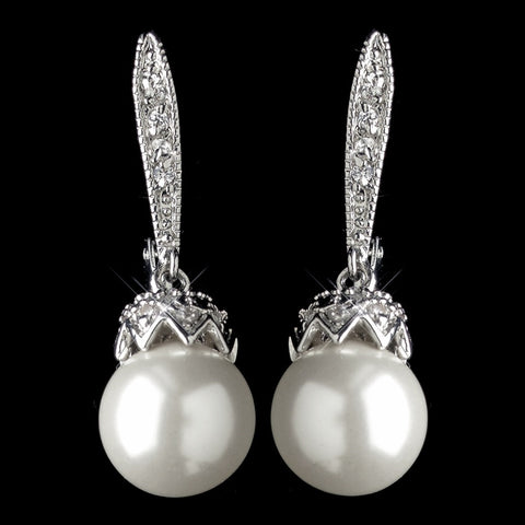 Rhodium Clear Pave CZ Crystal & Diamond White Pearl Leverback Bridal Wedding Earrings Drop Bridal Wedding Earrings 9406