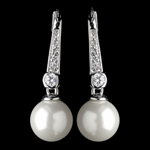 Rhodium Clear CZ Crystal & Diamond White Pearl Leverback Drop Bridal Wedding Earrings 9407