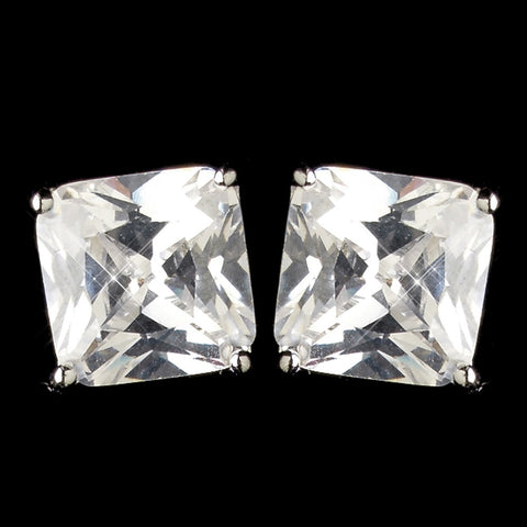 Rhodium Clear Princess Cut CZ Crystal Stud Bridal Wedding Earrings 9414