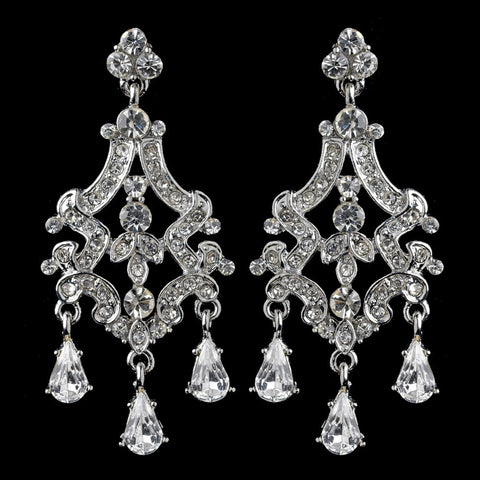 Rhodium Clear Rhinestone Chandelier Teardrop Bridal Wedding Earrings