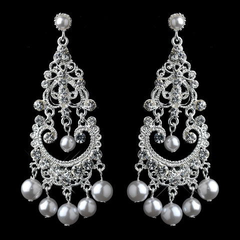 Elegant White Pearl & Crystal Chandelier Bridal Wedding Earrings E 958