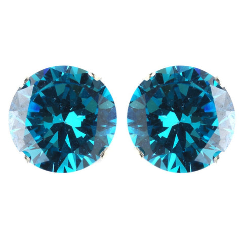 9mm Sterling Silver Round Aqua CZ Crystal Stud Bridal Wedding Earrings